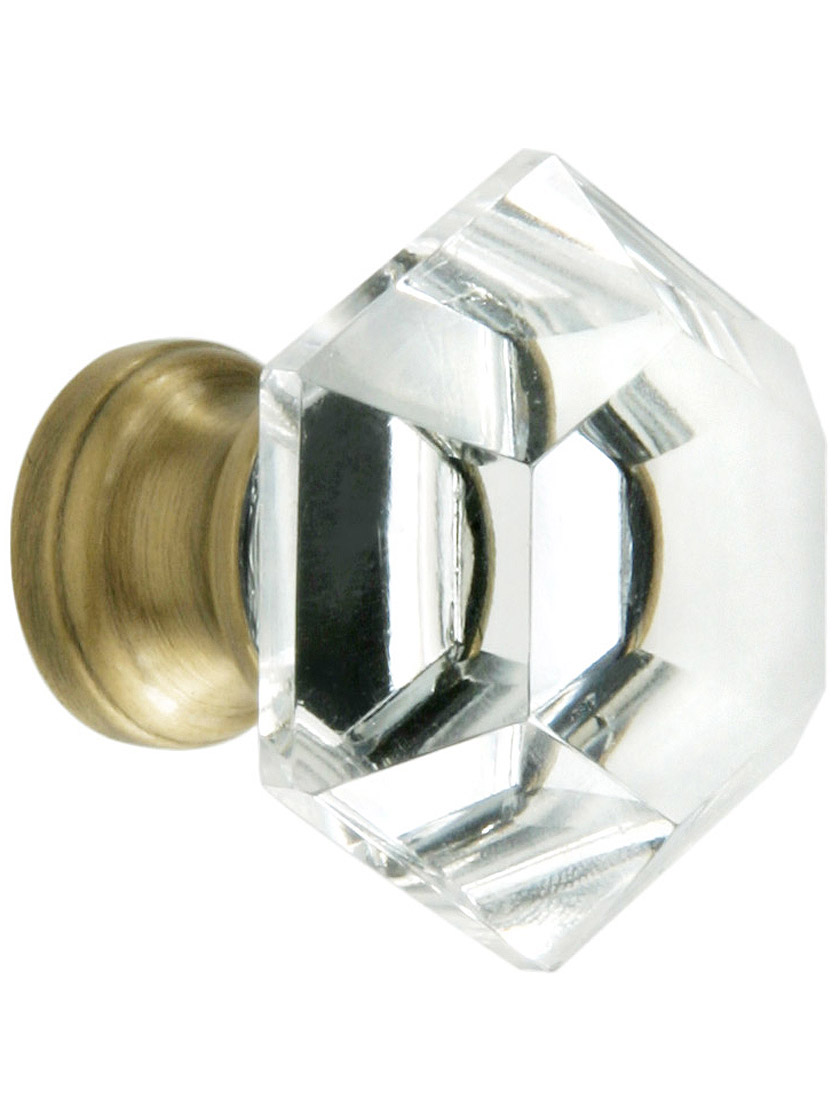 Hexagonal Cut Glass Knob With Solid Brass Base in Antique Brass.